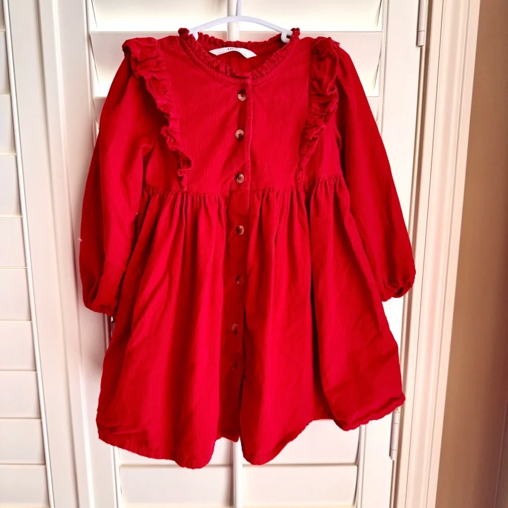 Marks & Spencer Red Corduroy Dress Girls‎ 3T Ruffle Long Sleeve Holiday
